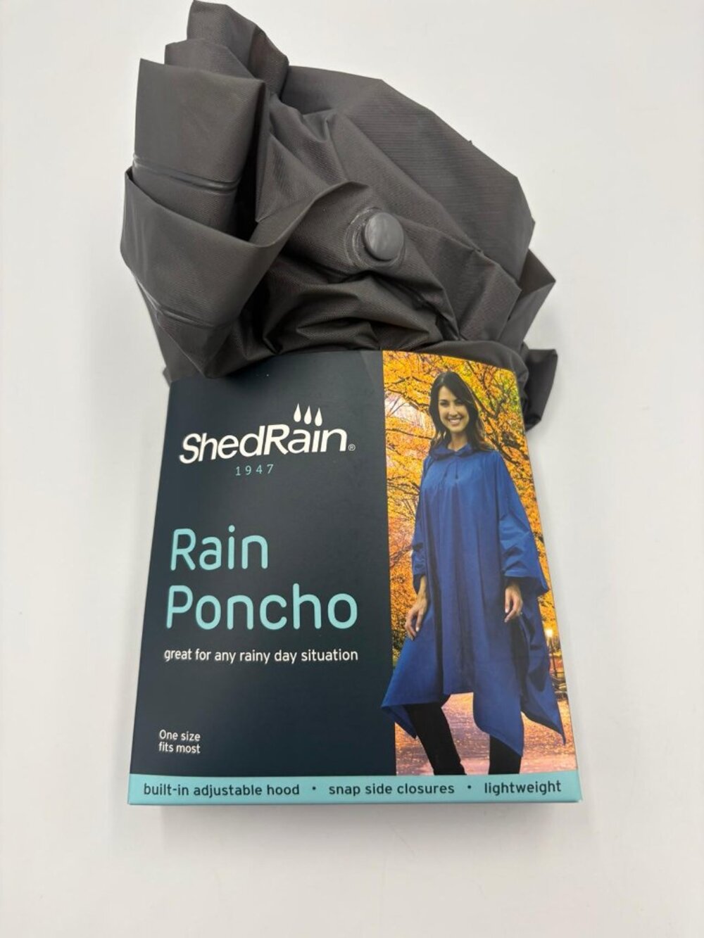 ShedRain Rain Poncho Black One Size Adjustable Hood Snap Closures Lightweight